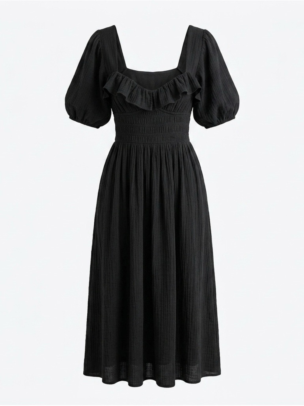 Free People Black Puff-Sleeve Ruffle Midi Dress